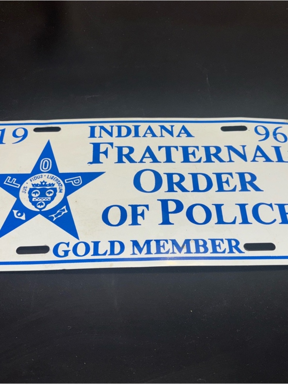 1996 Indiana Fraternal Order FOP Gold Member Metal License Plate